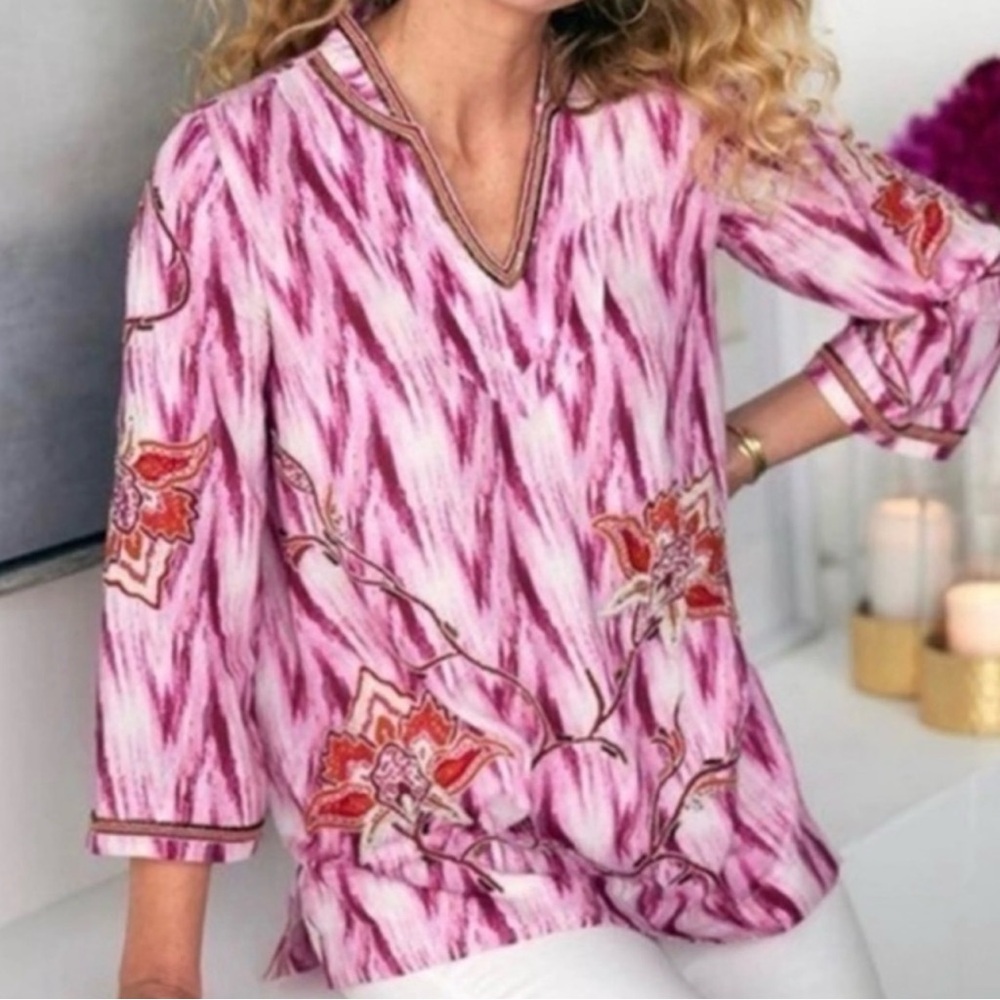 Soft Surroundings Womens Fuchsia Chevron Beaded Floral Altea Boho Top XS NWT